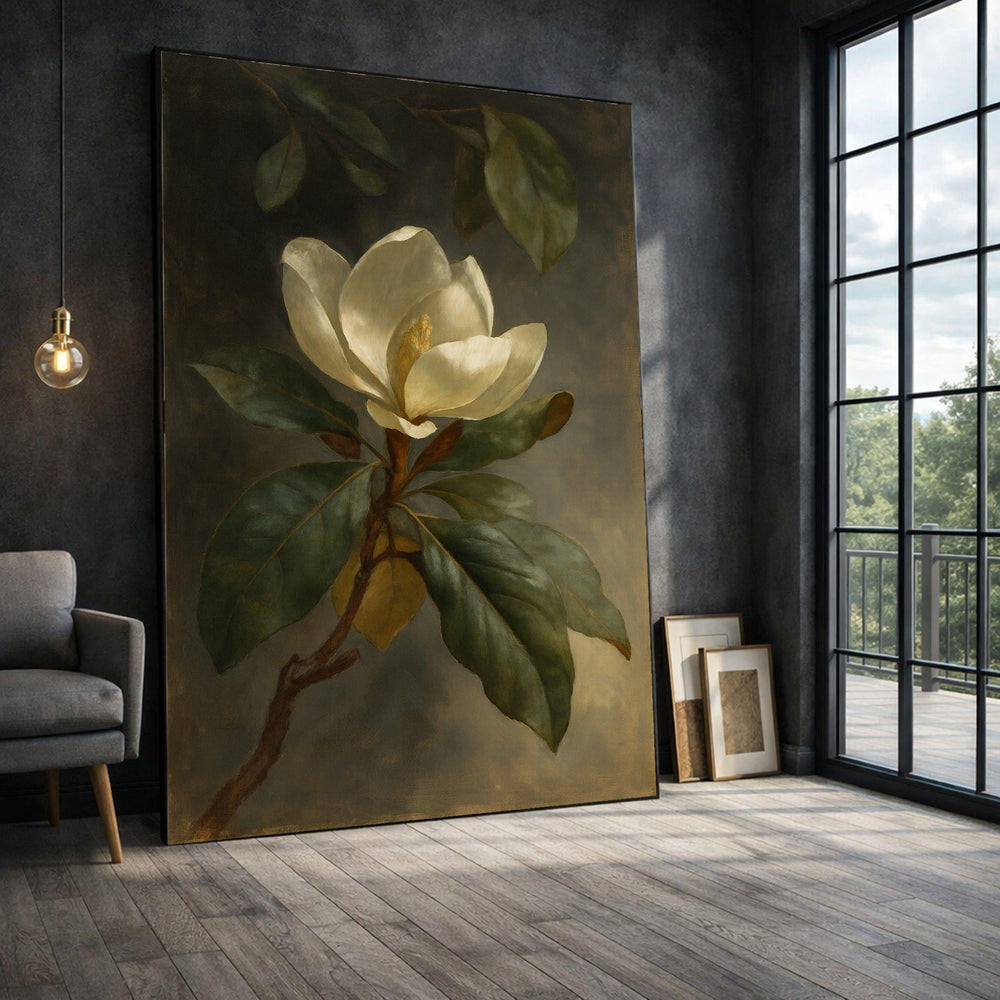 Magnolia Bloom Framed Wall Art, Vintage Botanical Canvas Print, Farmhouse Living