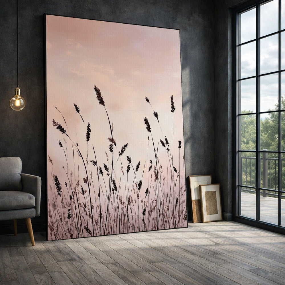 Wild Grass Silhouette Framed Wall Art, Pink Sunset Canvas Print, Minimalist Living Room Decor