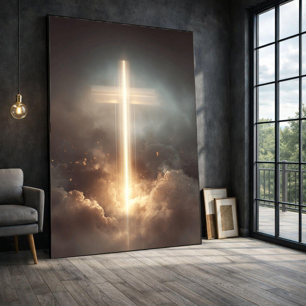 Illuminated Cross Framed Wall Art, Cloudy Sky Canvas Print, Spiritual Living Room Decor