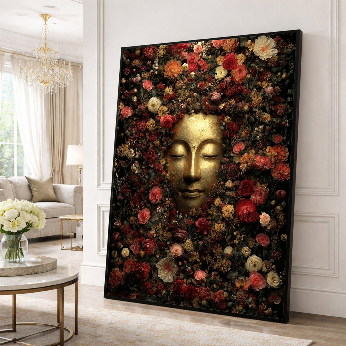 Image 6 of Buddha Floral Meditation Framed Wall Art, Golden Blossom Canvas Print, Zen Living Room Decor