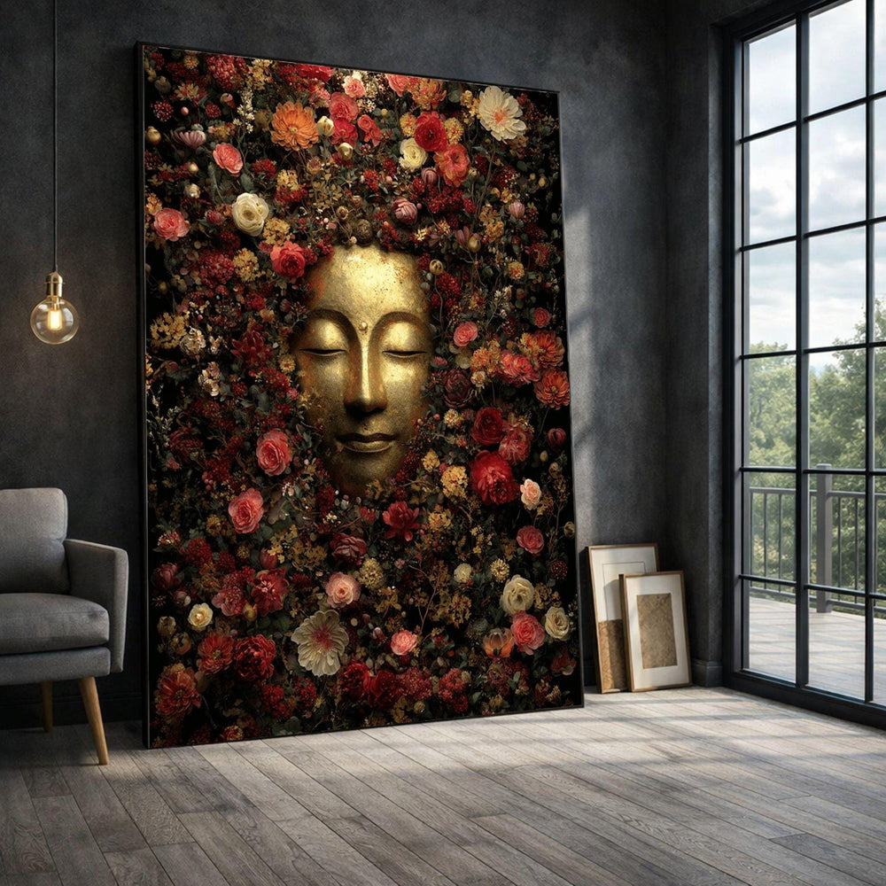 Buddha Floral Meditation Framed Wall Art, Golden Blossom Canvas Print, Zen Living Room Decor