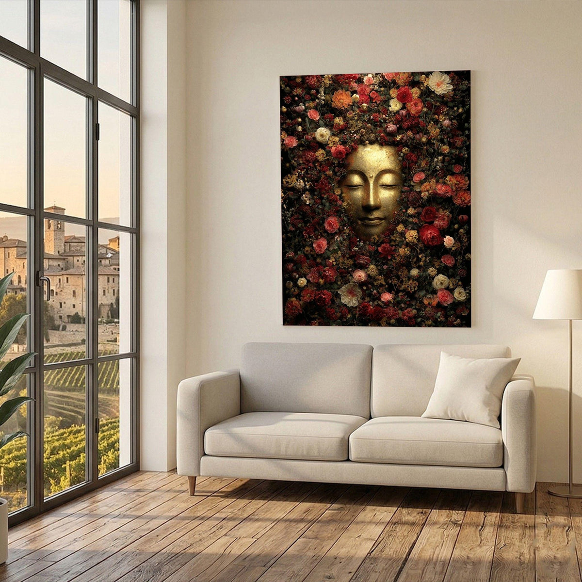 Image 2 of Buddha Floral Meditation Framed Wall Art, Golden Blossom Canvas Print, Zen Living Room Decor