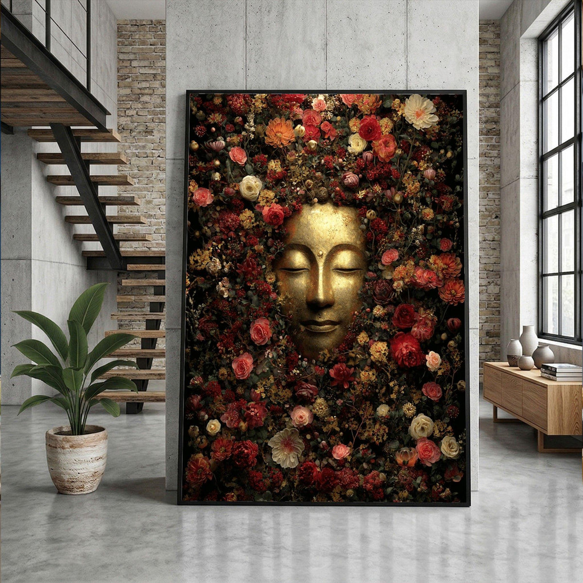 Image 3 of Buddha Floral Meditation Framed Wall Art, Golden Blossom Canvas Print, Zen Living Room Decor