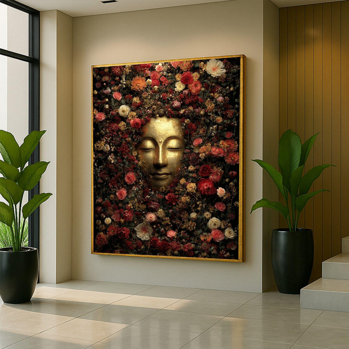 Image 5 of Buddha Floral Meditation Framed Wall Art, Golden Blossom Canvas Print, Zen Living Room Decor