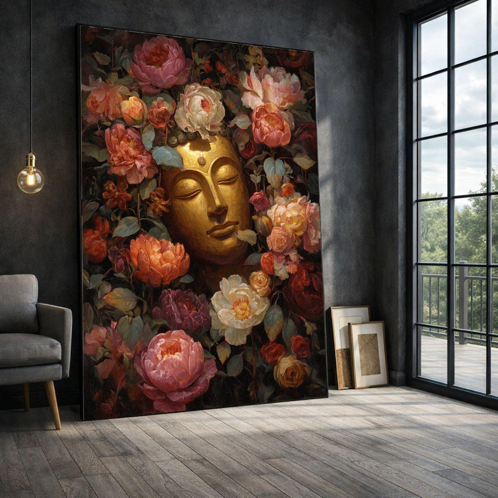 Buddha Floral Framed Wall Art, Golden Peony Framed Wall Art, Zen Living Room Decor, Spiritual Zen Canvas Print