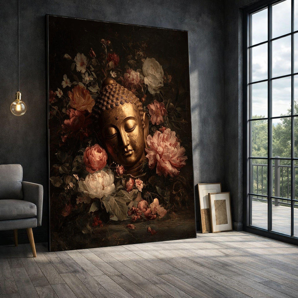 Buddha Floral Framed Wall Art, Golden Zen Canvas Print, Meditation Living Room Decor