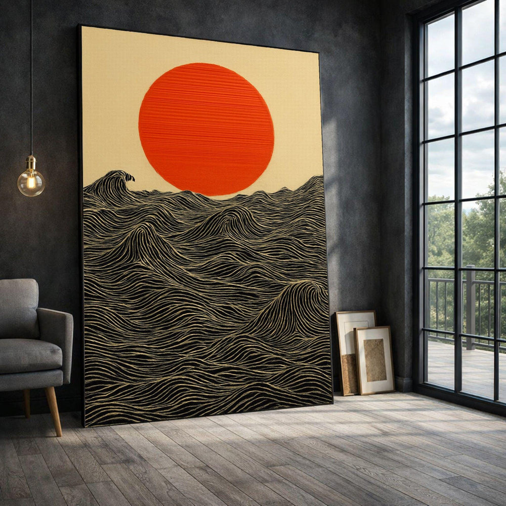 Japanese Sun and Waves Framed Wall Art, Bold Red Canvas Print, Living Room Decor