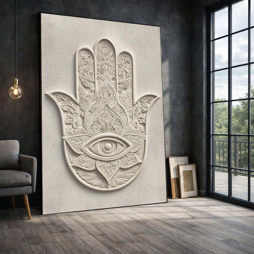 Hamsa Hand Framed Wall Art, Intricate Beige Canvas Print, Boho Living Room Decor