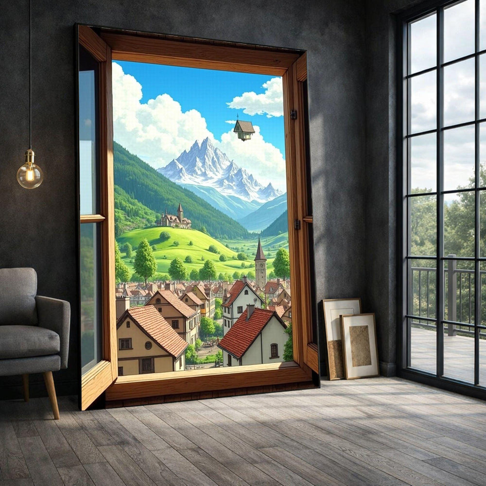 Alpine Village Framed Wall Art, Mountain View Canvas Print, Rustic Living Room Decor