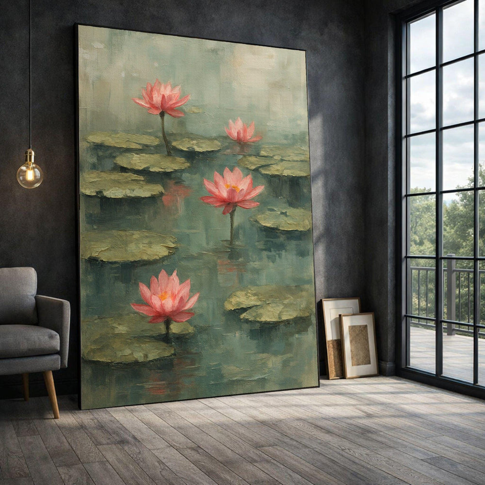 Lotus Flower Framed Wall Art, Tranquil Water Lily Canvas Print, Zen Living Room Decor