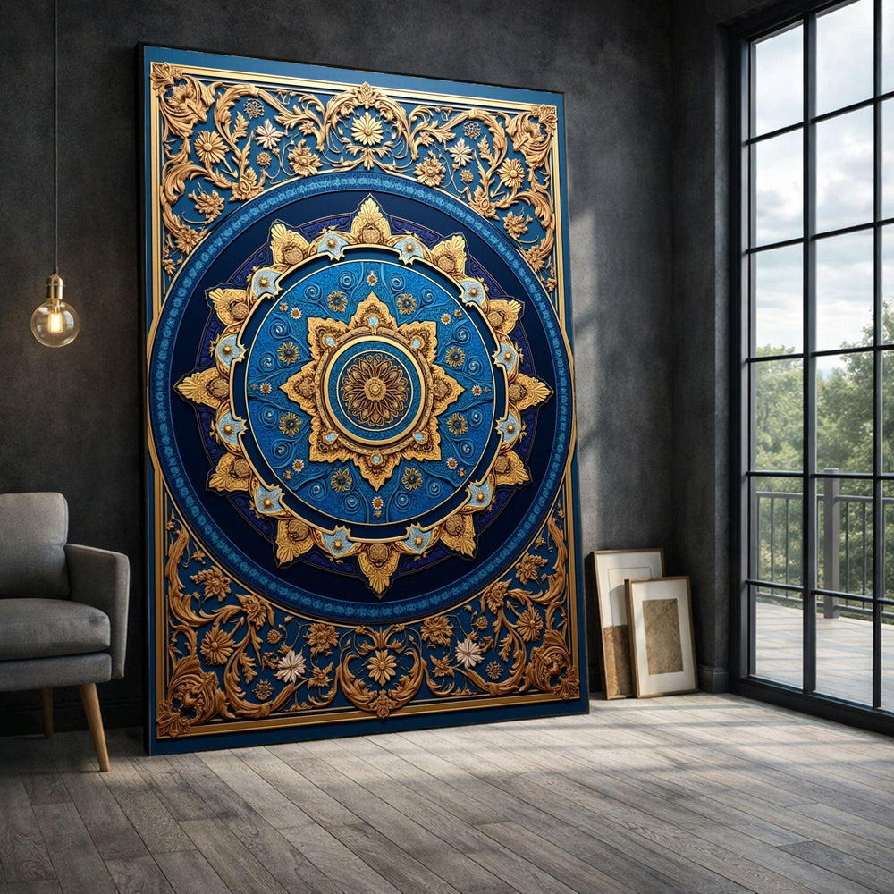 Ornate Blue Gold Mandala Framed Wall Art, Intricate Geometric Canvas Print, Bohemian Living Room Decor