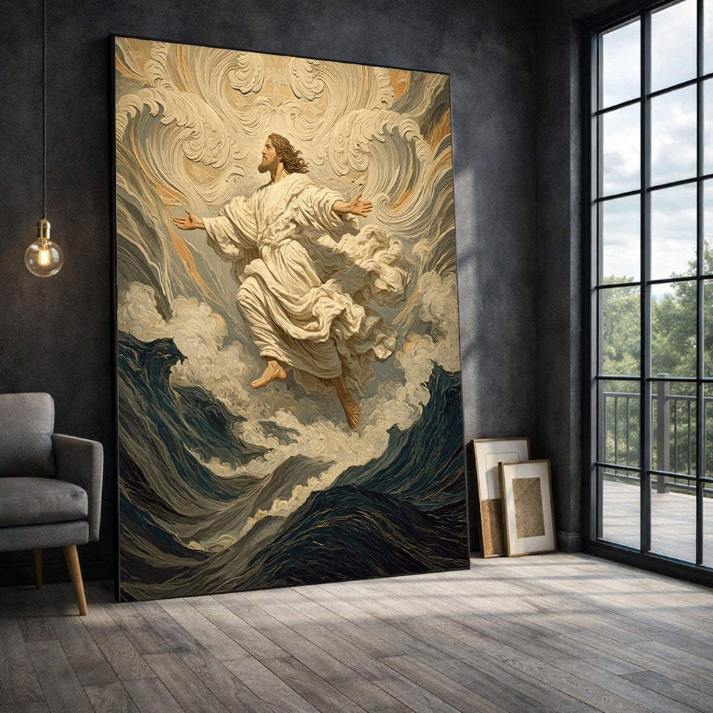 Religious Jesus Framed Wall Art, Divine Ascension Canvas Print, Spiritual Living Room Decor