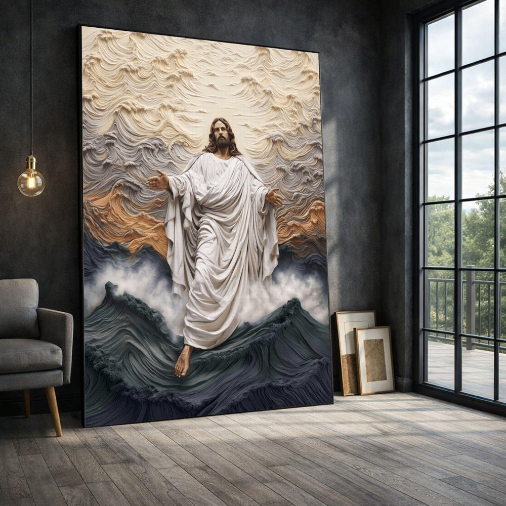Jesus Walking on Water Framed Wall Art, Divine Ocean Waves Canvas Print, Spiritual Living Room Decor