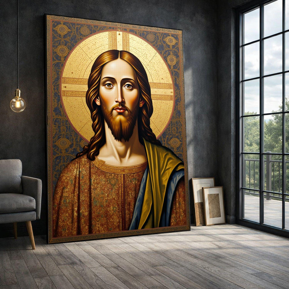 Byzantine Jesus Framed Wall Art, Vintage Religious Icon Canvas Print, Orthodox Christian Decor