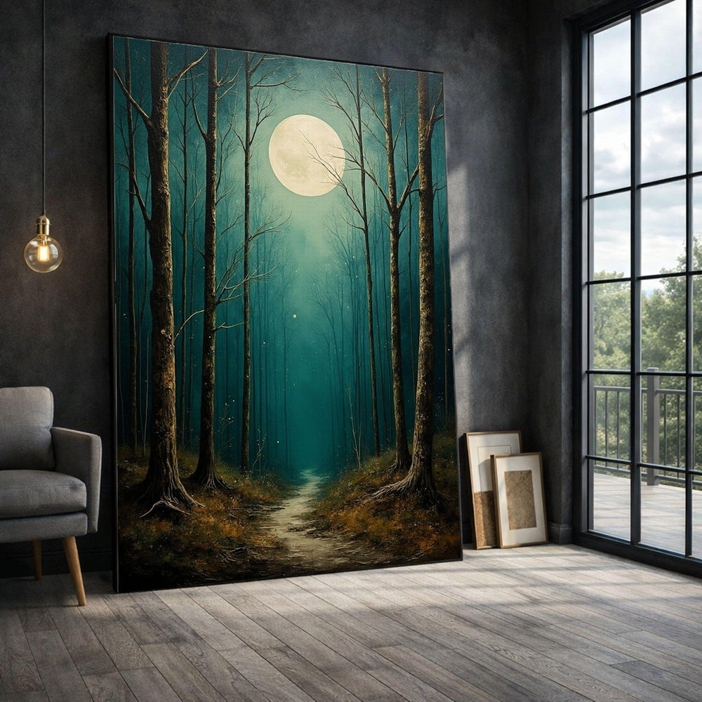 Moonlit Forest Path Framed Wall Art, Teal Nightscape Canvas Print, Nature Living Room Decor