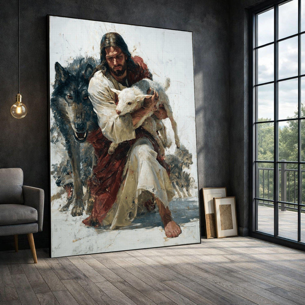 Jesus Shepherd Framed Wall Art, Protective Savior Canvas Print, Religious Living Room Decor