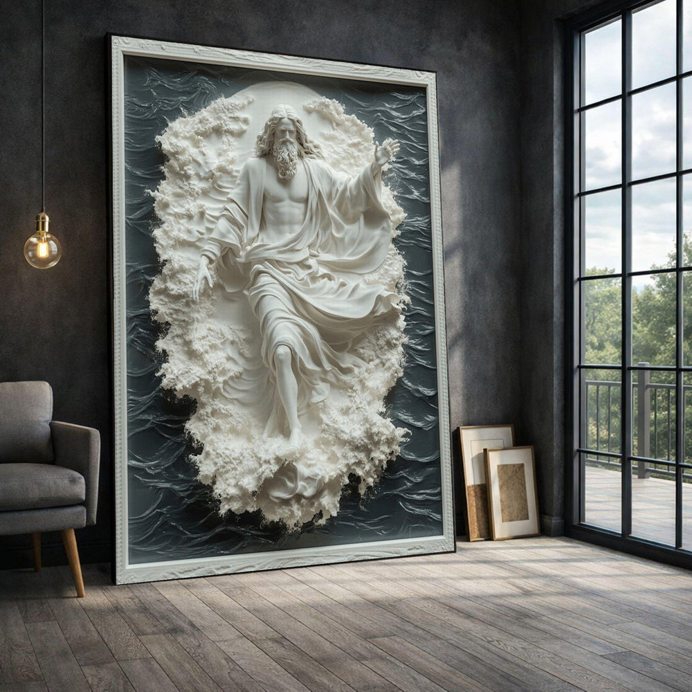 Jesus Walking on Water Framed Wall Art, Sculptural White Gray Canvas Print, Religious Living Room Decor