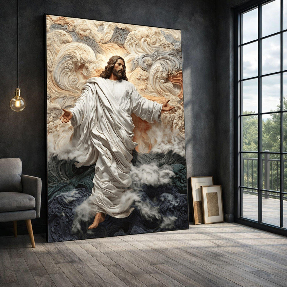 Jesus Divine Presence Framed Wall Art, Heavenly Clouds Canvas Print, Religious Living Room Decor