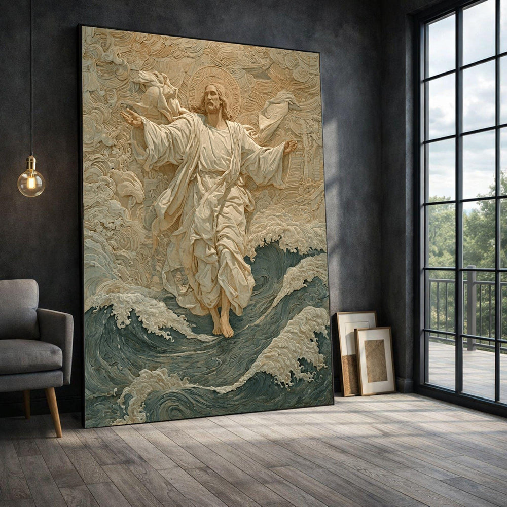 Jesus Walking on Water Framed Wall Art, Divine Miracle Canvas Print, Religious Living Room Decor