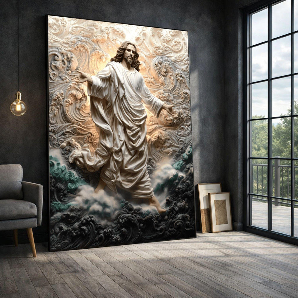 Divine Savior Framed Wall Art, Ethereal Ocean Waves Canvas Print, Religious Living