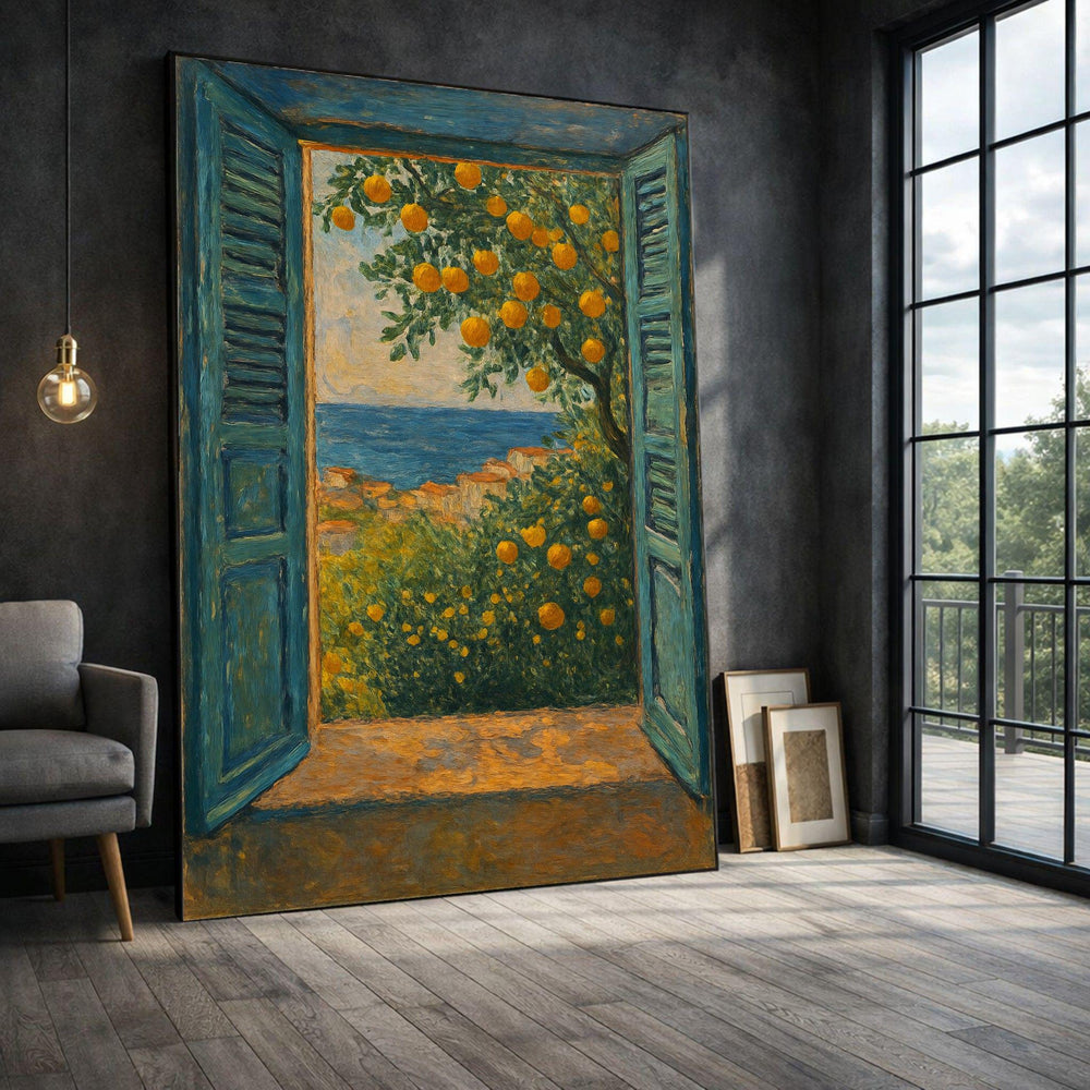 Mediterranean Doorway Framed Wall Art, Ocean View Lemon Tree Canvas Print, Coastal Living Room Decor