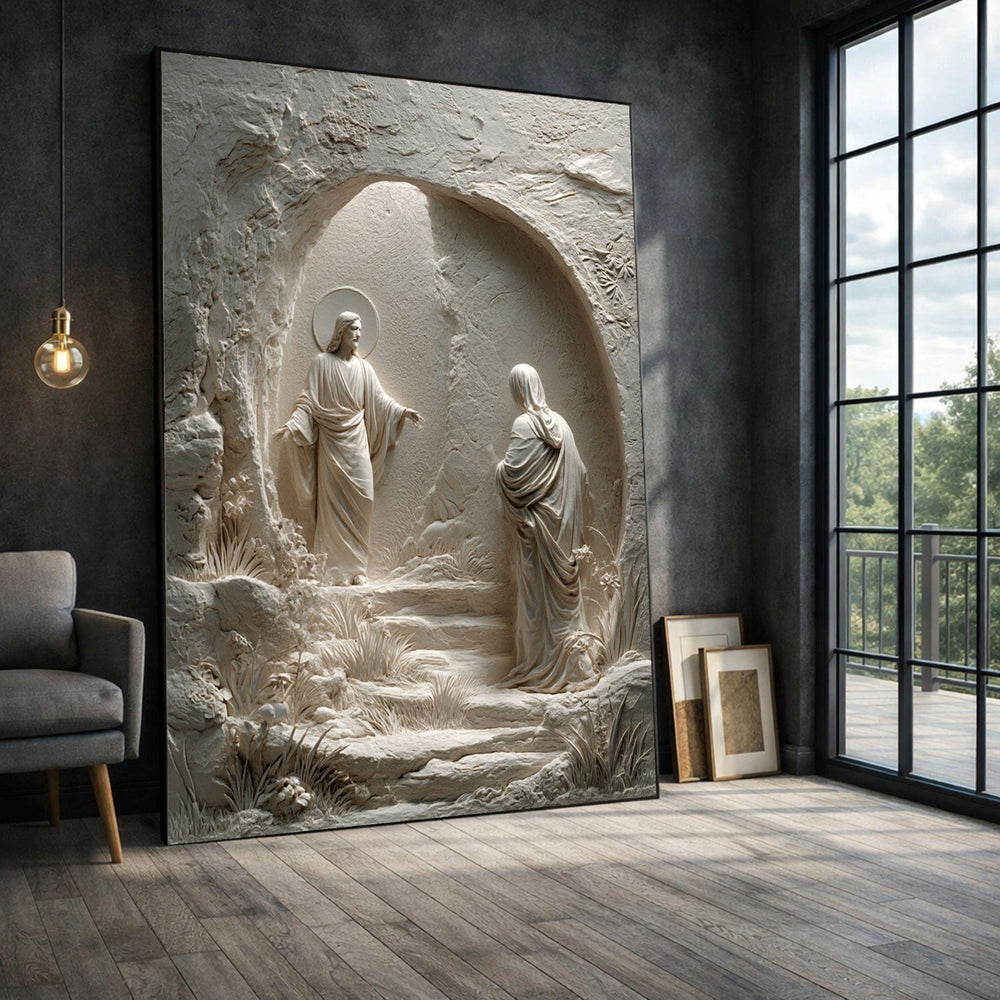 Religious Sculpture Framed Wall Art, Jesus Resurrection Canvas Print, Christian Living Room Decor