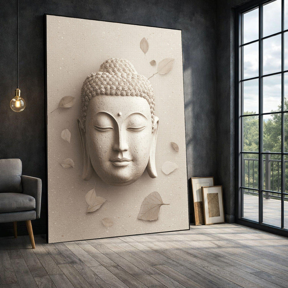 Buddha Tranquil Face Framed Wall Art, Neutral Tones Canvas Print, Zen Living Room Decor