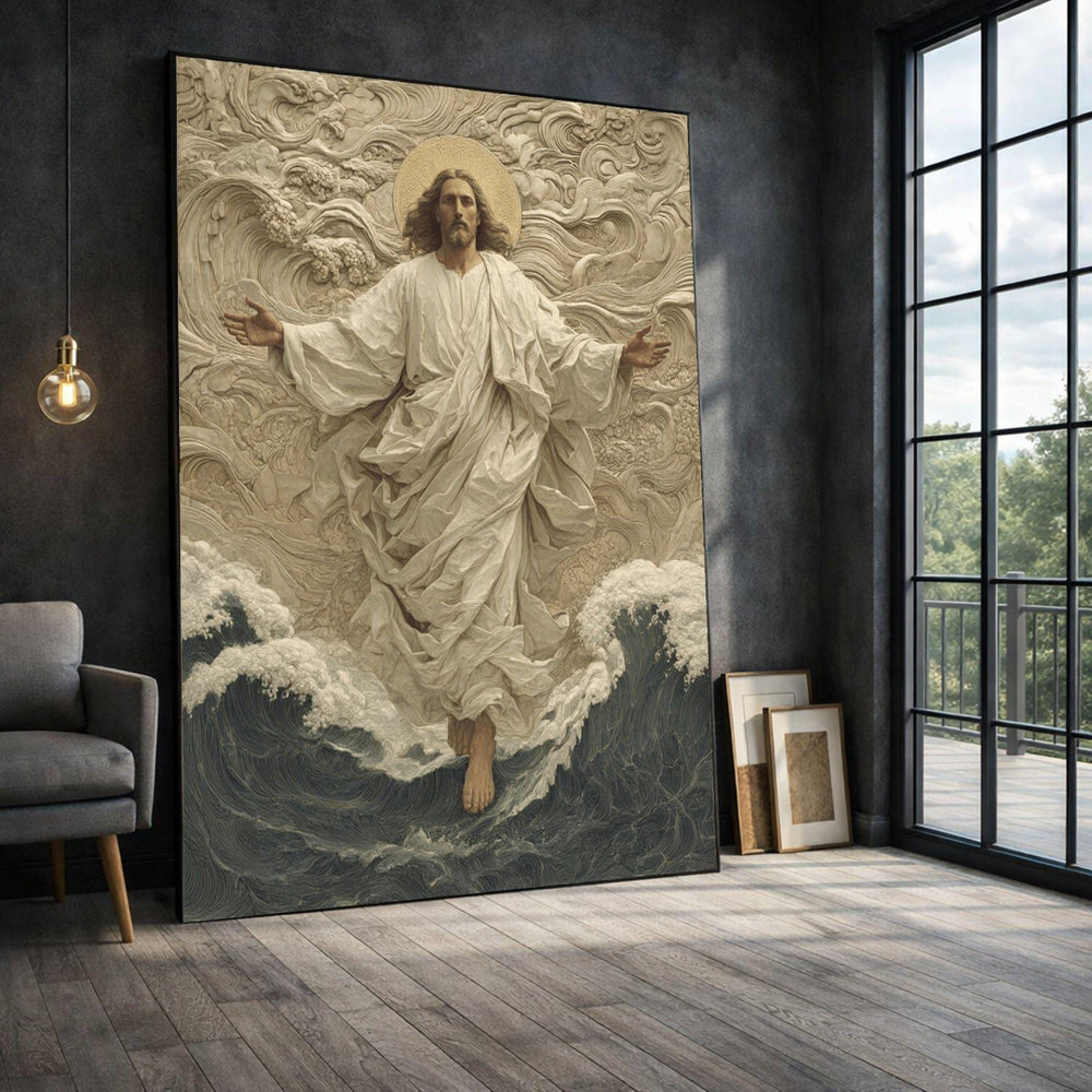 Jesus Ascension Framed Wall Art, Divine Ocean Canvas Print, Spiritual Living Room Decor