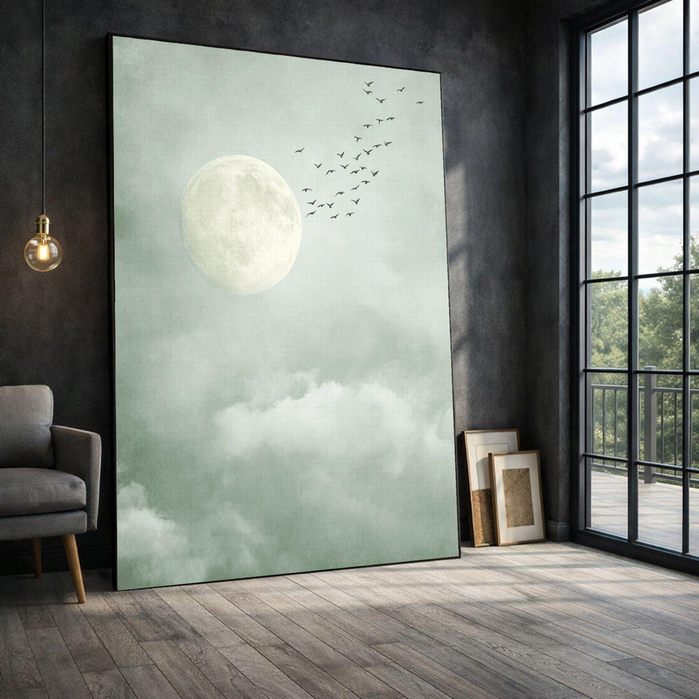 Moonlit Sky Framed Wall Art, Serene Night Canvas Print, Minimalist Bedroom Decor