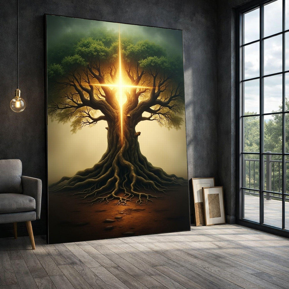 Spiritual Tree Framed Wall Art, Illuminated Cross Canvas Print, Inspirational Living Room Decor