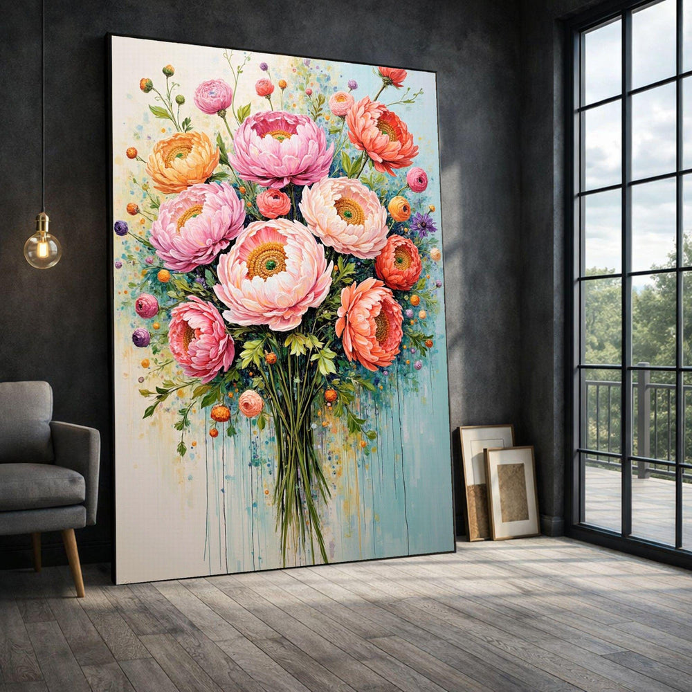 Floral Bouquet Framed Wall Art, Vibrant Peony Framed Wall Art, Living Room Decor, Botanical Floral Canvas Print