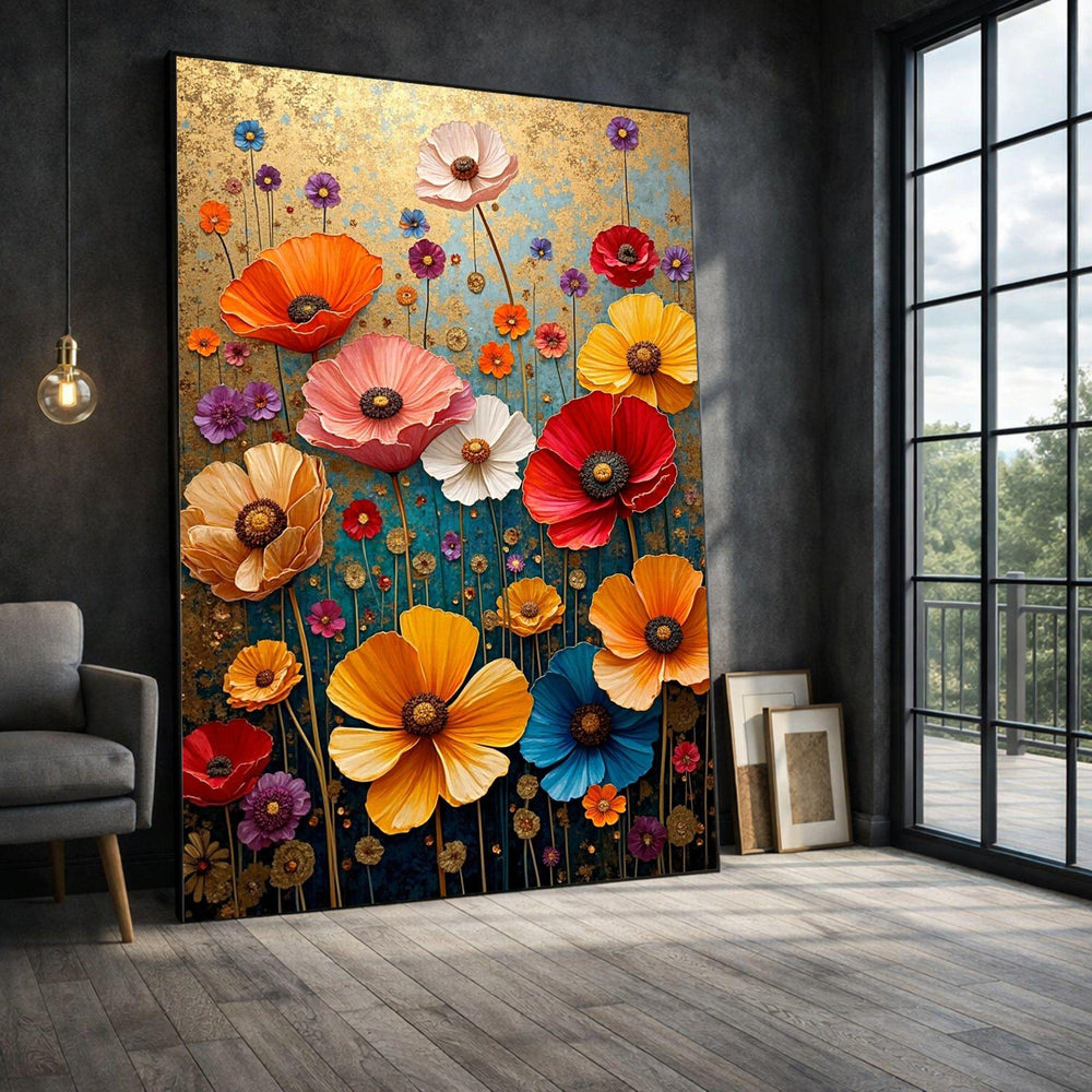 Colorful Floral Framed Wall Art, Vibrant Wildflower Canvas Print, Living Room Decor