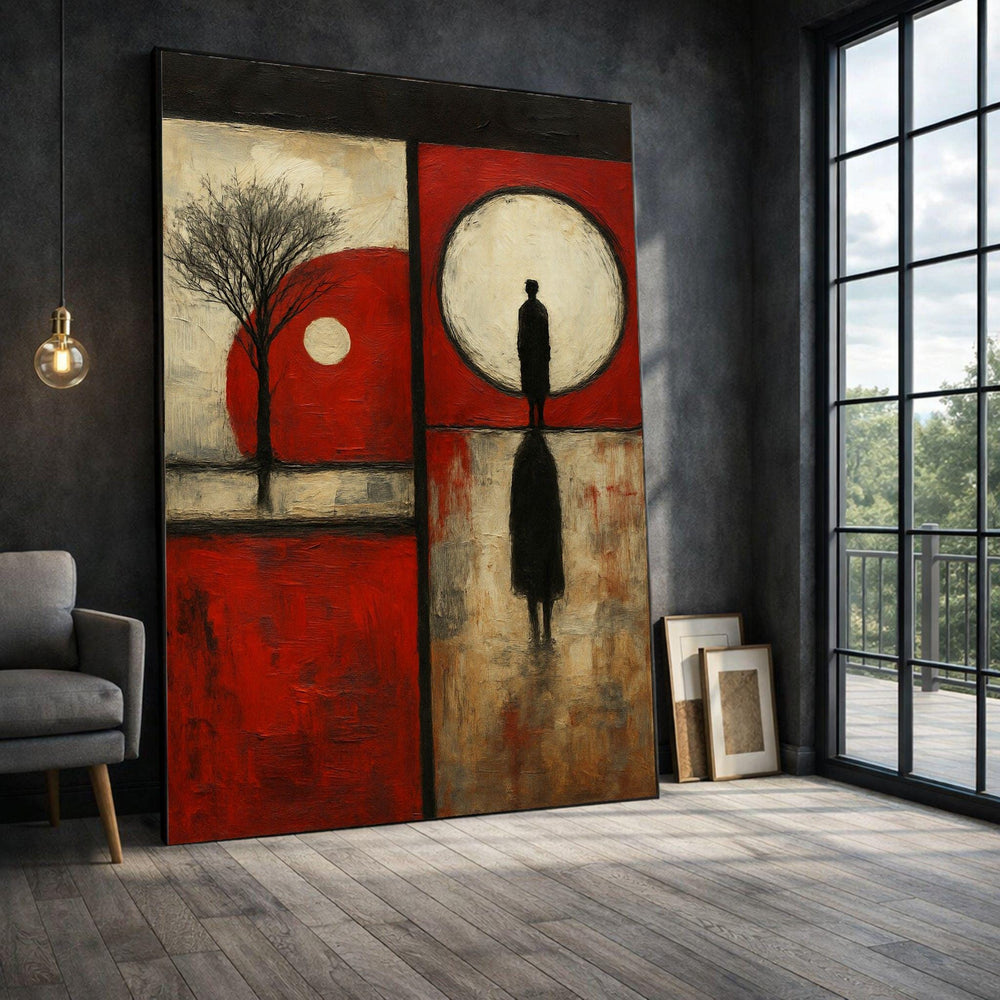 Abstract Red Moon Framed Wall Art, Surreal Tree Reflection Canvas Print, Living Room Decor