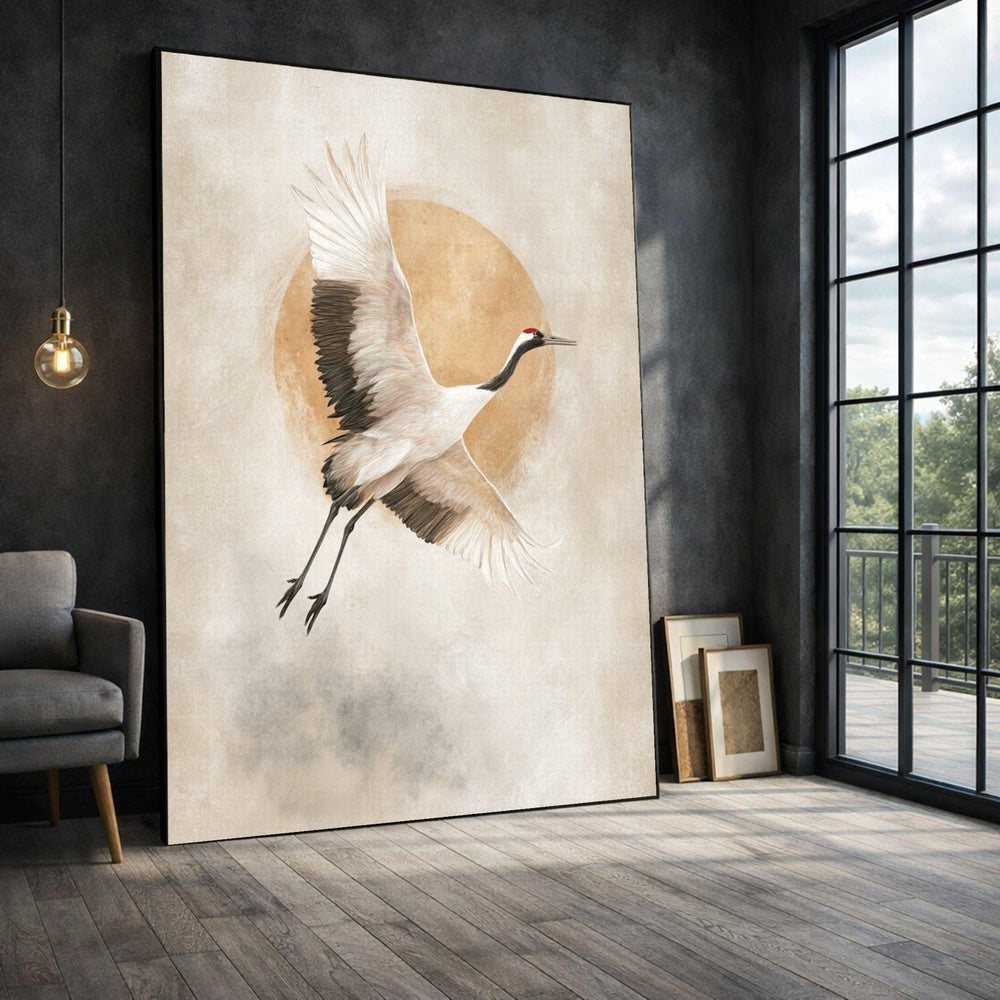 Cranes Soaring Framed Wall Art, Beige Sun Framed Wall Art, Living Room Decor, Modern Art Canvas Print, Modern Living Room Wall Decor
