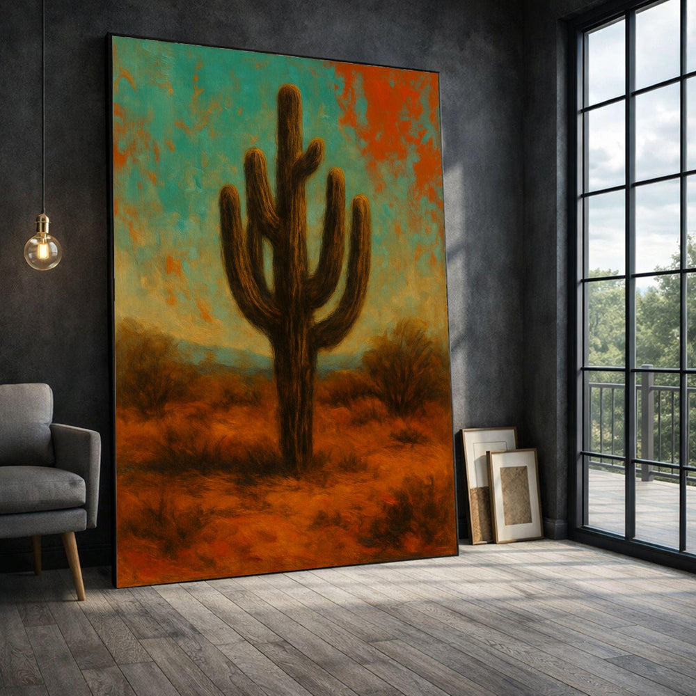 Desert Cactus Framed Wall Art, Rust Turquoise Landscape Canvas Print, Southwestern Living Room Decor