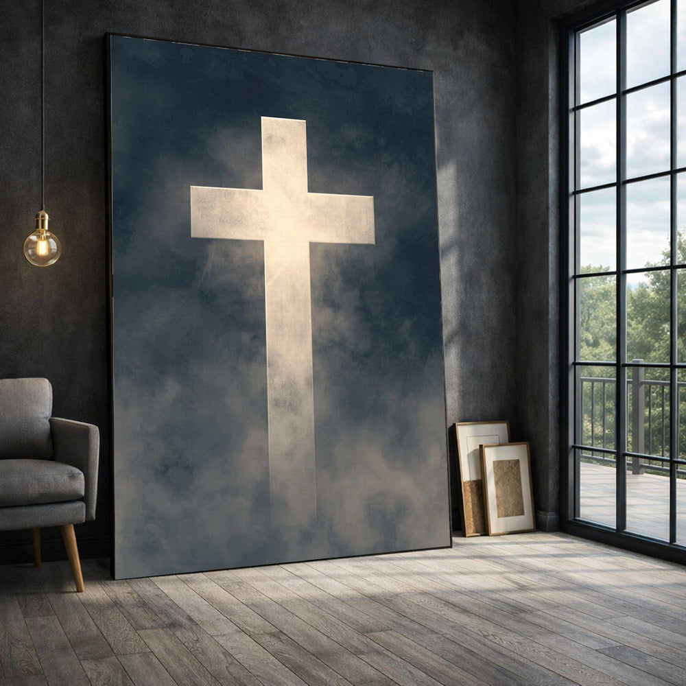 Cross Framed Wall Art, Moody Gray Framed Wall Art, Living Room Decor, Modern Art Canvas Print, Modern Living Room Wall Decor