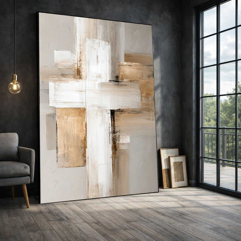 Abstract Cross Framed Wall Art, Neutral Taupe Framed Wall Art, Living Room Decor, Modern Abstract Canvas Print