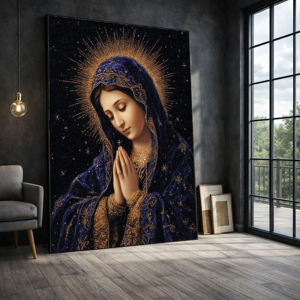 Madonna in Blue Framed Wall Art, Religious Icon Canvas Print, Byzantine Christian Decor
