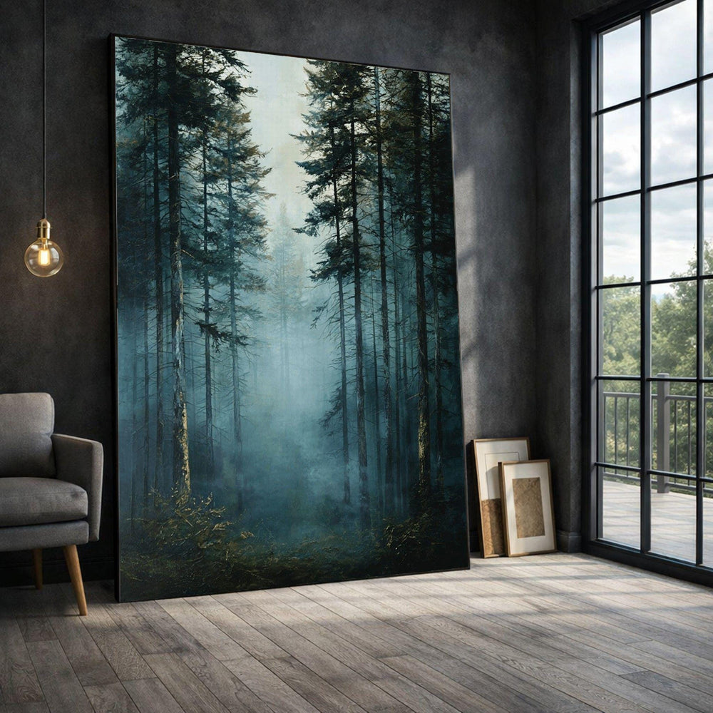 Misty Forest Framed Wall Art, Deep Green Woodland Canvas Print, Nature Living Room Art