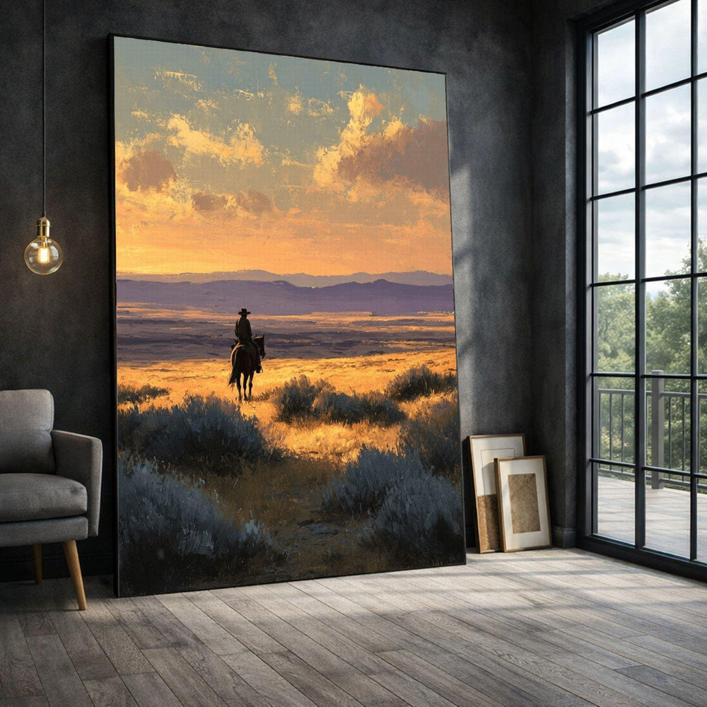 Sunset Cowboy Framed Wall Art, Golden Prairie Landscape Canvas Print, Living Room Decor