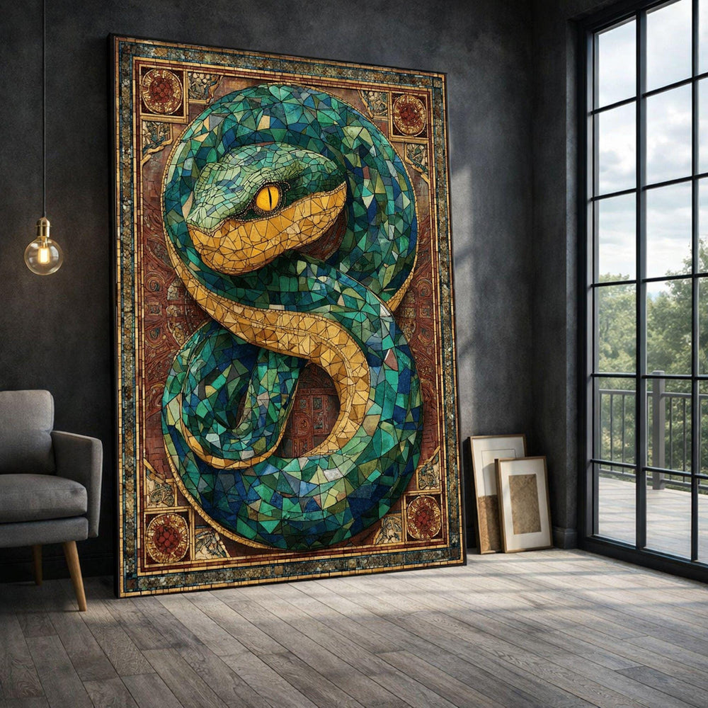 Snake Mosaic Framed Wall Art, Emerald Gold Canvas Print, Vintage Living Room Decor