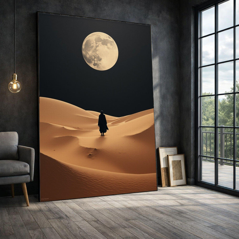Desert Moonlight Wanderer Framed Wall Art, Dramatic Night Canvas Print, Minimalist Living Room Decor
