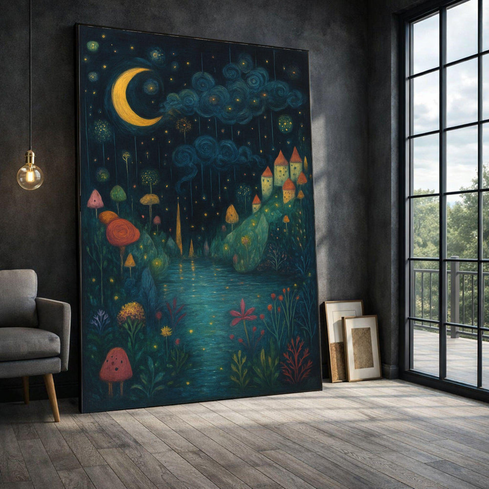 Whimsical Night Garden Framed Wall Art, Enchanted Moonlit Landscape Canvas Print, Fantasy Living Room Decor