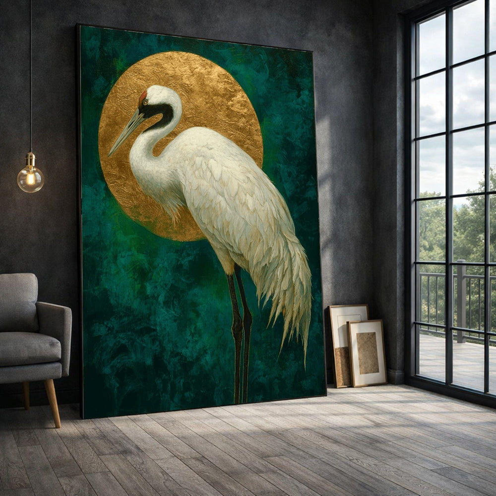 Golden Crane Framed Wall Art, Emerald Green Framed Wall Art, Asian Inspired Living, Modern Art Canvas Print, Modern Living Room Wall Decor