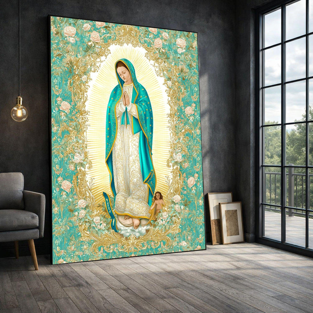 Virgin Mary Framed Wall Art, Turquoise Gold Religious Canvas Print, Spiritual Living Room Decor