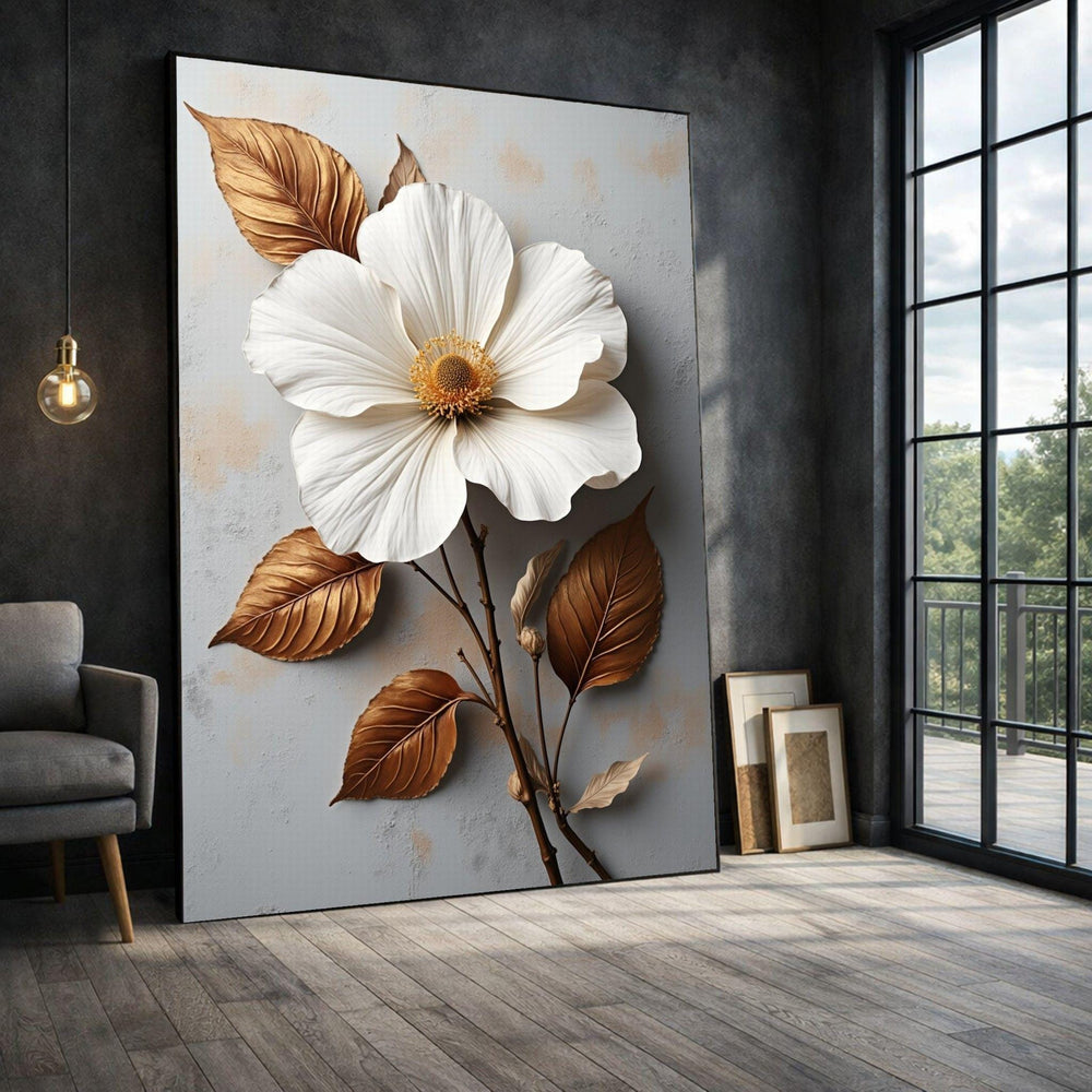 White Gold Flower Framed Wall Art, Botanical Framed Wall Art, Living Room Decor, Botanical Floral Canvas Print