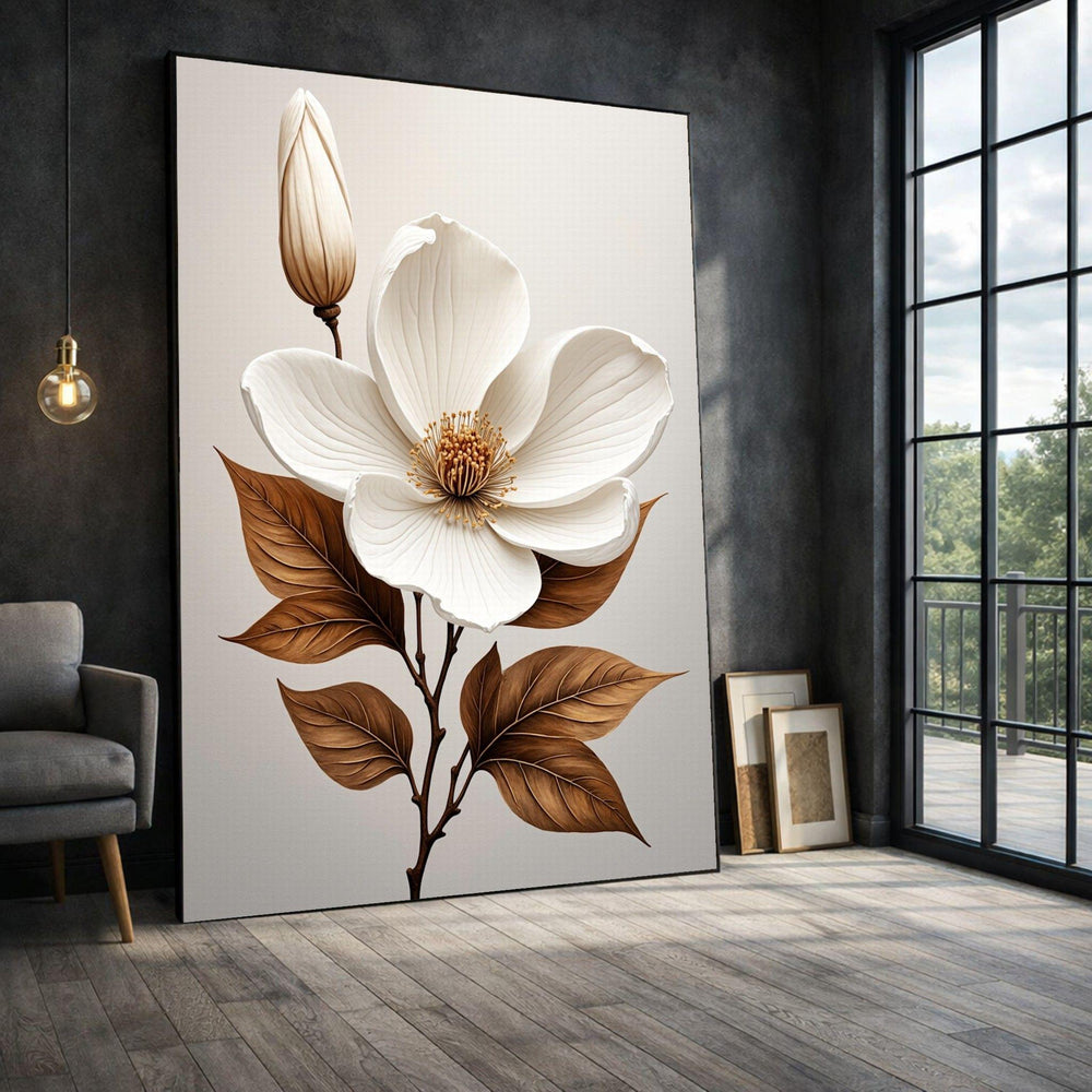 Magnolia Blossom Framed Wall Art, White Brown Floral Canvas Print, Botanical Living Room Decor