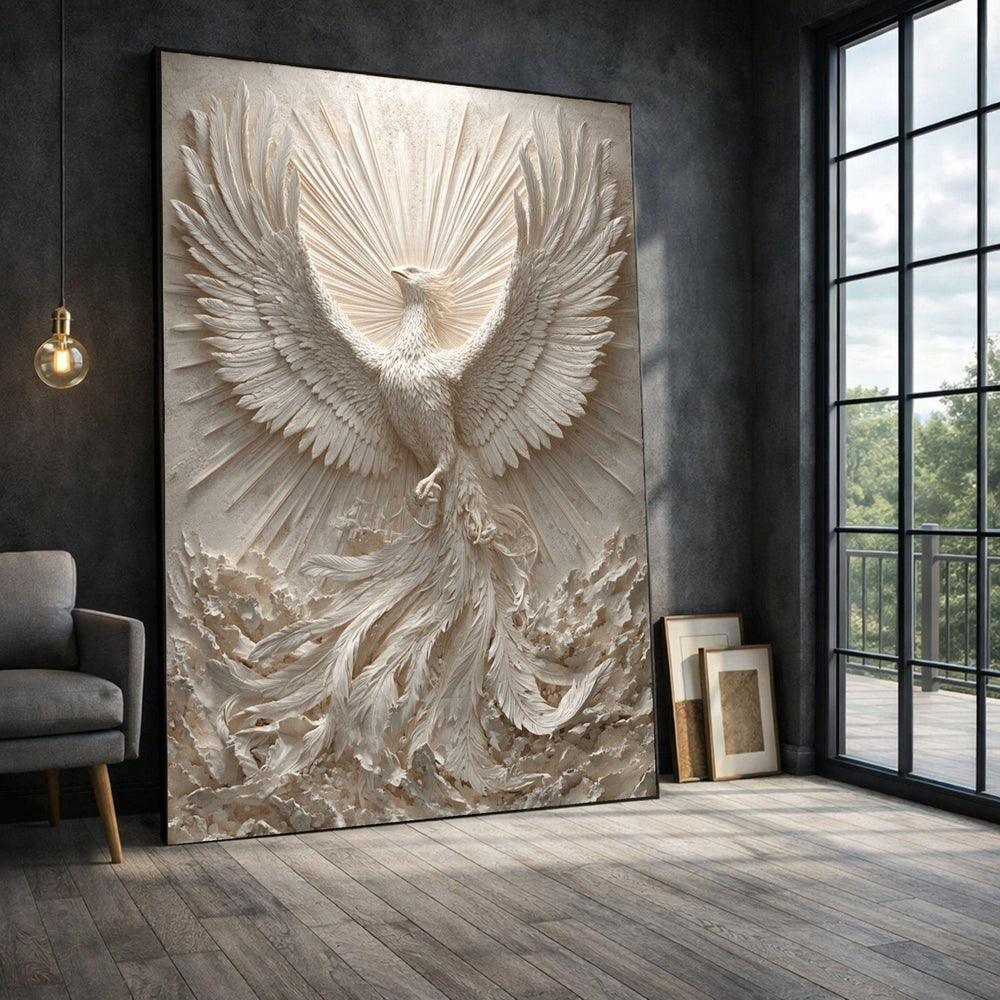 Phoenix Framed Wall Art, White Framed Wall Art, Living Room Decor, Modern Art Canvas Print, Modern Living Room Wall Decor