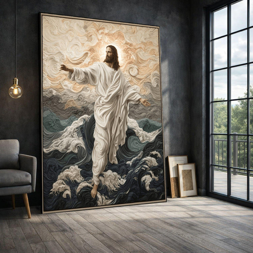 Jesus Walking on Water Framed Wall Art, Divine Ocean Canvas Print, Religious Living Room Decor