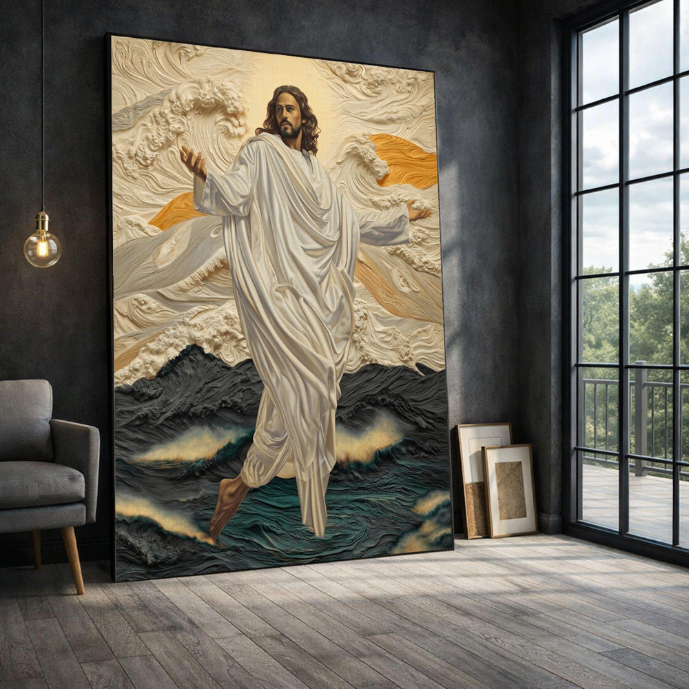Jesus Walking on Water Framed Wall Art, Divine Ocean Waves Canvas Print, Spiritual Living Room Decor